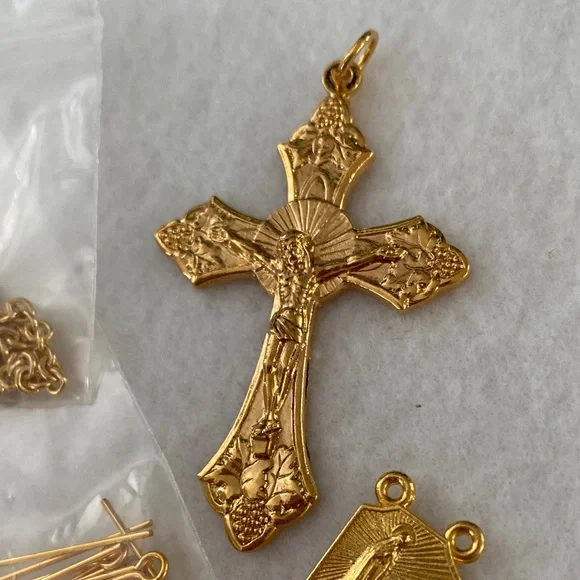 Gold Plated Rosary Pieces Religious Jewelry Set Cross - Picture 2 of 5